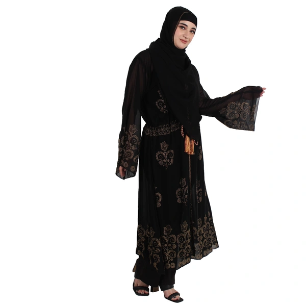 Humeira Abaya Dubai Style 2 in 1 Abaya With One Simple & Other Coat Heavy M S Stone Worked Burkha with Best Quality of Fabric - 54, Black, 300 gms