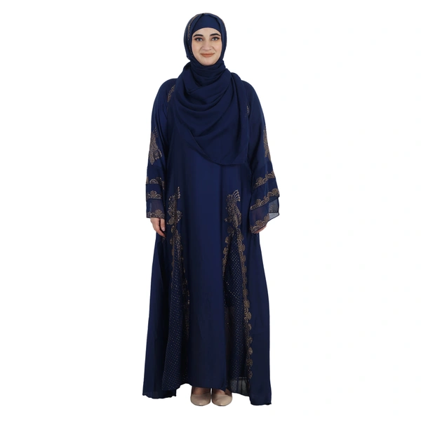 Humeira Abaya Front 2 Kali Burkha With Stone Work in Al Nida Fabric (Blue) - 54, Blue, 300 gms