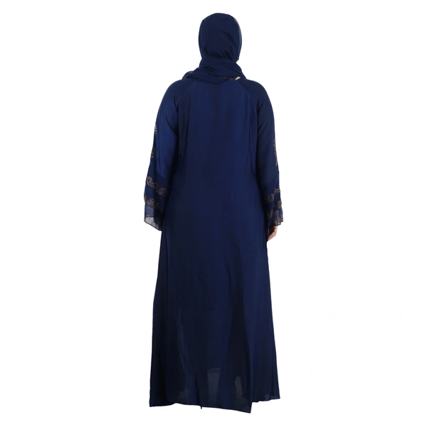 Humeira Abaya Front 2 Kali Burkha With Stone Work in Al Nida Fabric (Blue) - 54, Blue, 300 gms