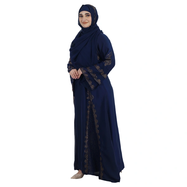Humeira Abaya Front 2 Kali Burkha With Stone Work in Al Nida Fabric (Blue) - 54, Blue, 300 gms
