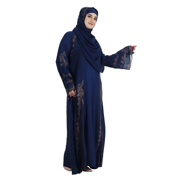 Humeira Abaya Front 2 Kali Burkha With Stone Work in Al Nida Fabric (Blue) - 54, Blue, 300 gms