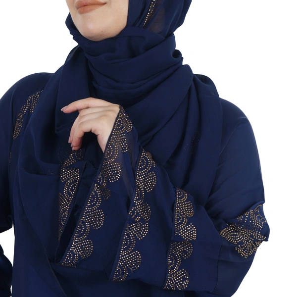 Humeira Abaya Front 2 Kali Burkha With Stone Work in Al Nida Fabric (Blue) - 54, Blue, 300 gms