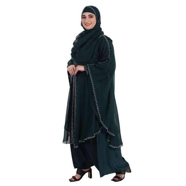 Humeira Abaya Dubai Style Side Buta Farasha in Al Nida Fabric With Beautiful Stone Work - 54, Turquoise, 300 gms