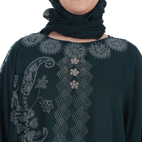 Humeira Abaya Dubai Style Side Buta Farasha in Al Nida Fabric With Beautiful Stone Work - 54, Turquoise, 300 gms