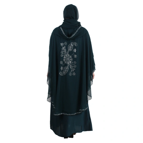 Humeira Abaya Dubai Style Side Buta Farasha in Al Nida Fabric With Beautiful Stone Work - 54, Turquoise, 300 gms