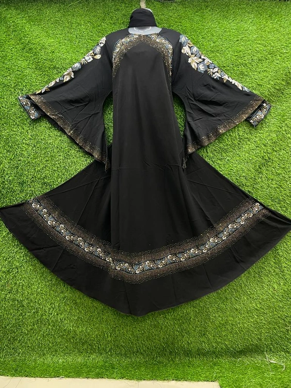 Humeira Abaya Dubai Style Black Colour Slevess Embroider Abaya in Al BSY Firdous Fabric - XL, Black, 300gm