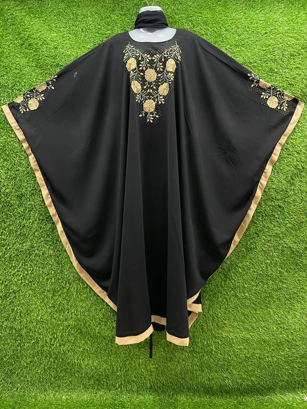 Humeira Abaya Dubai Style Embroidery Abaya Abaya in Firdous Black Fabric Flower Irani Golden Strip - XL, Black, 300gm