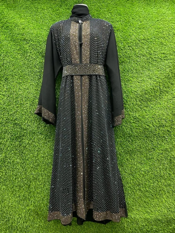 Humeira Abaya Dubai Style Embroidery Abaya Burkha in Al Nida Black Fabric Chitta Double Burkha Black Belt - XL, Black, 300gm