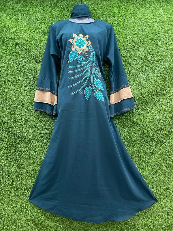 Humeira Abaya Dubai Style Embroidery Abaya Burkha in Firdous Firozi Fabric 375 No Firozi Colour Emb Abaya - XL, Firozi, 300gm