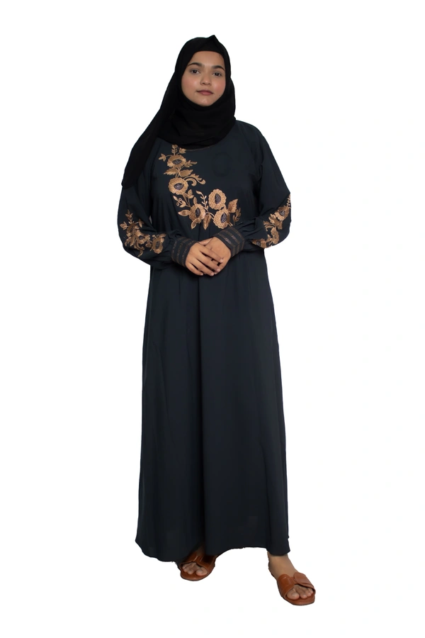 Humeira Abaya Dubai Style Embroidery Abaya Burkha in Firdous Fabric Kuff Stone Sleeves Embroidery Grey - 54, Grey, 300 gms