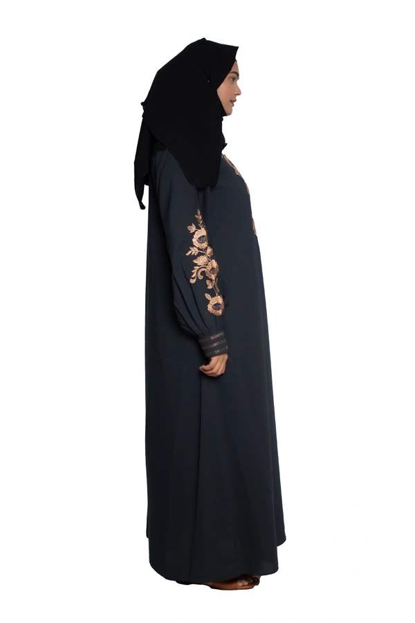 Humeira Abaya Dubai Style Embroidery Abaya Burkha in Firdous Fabric Kuff Stone Sleeves Embroidery Grey - 54, Grey, 300 gms