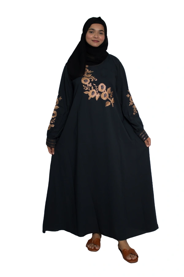 Humeira Abaya Dubai Style Embroidery Abaya Burkha in Firdous Fabric Kuff Stone Sleeves Embroidery Grey - 54, Grey, 300 gms