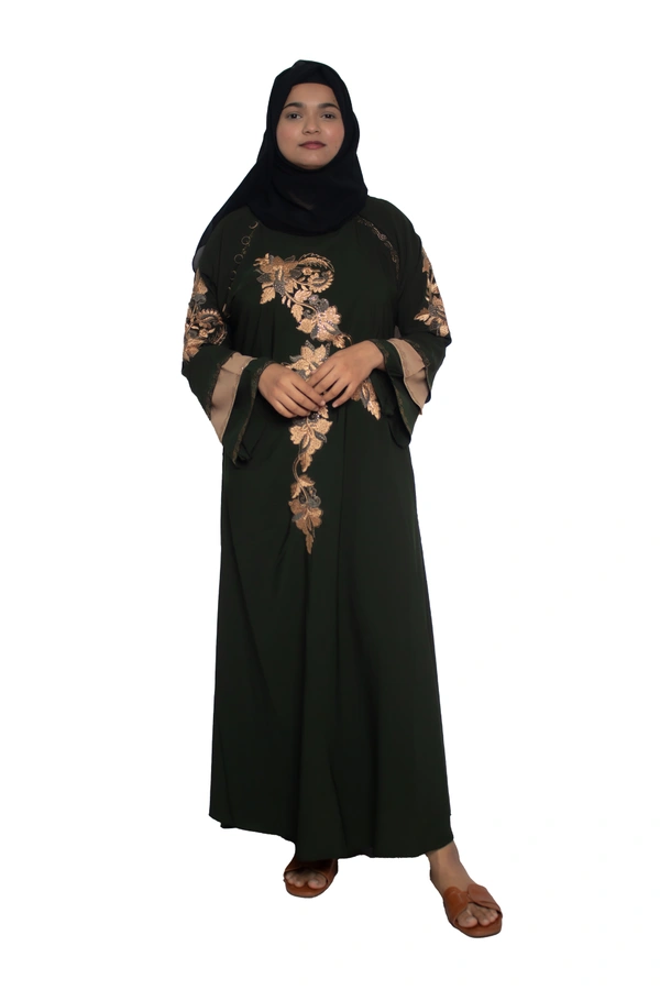 Humeira Abaya Dubai Style Embroidery Abaya Burkha in Firdous Fabric Triple Layer Long Embroidery Green - 54, Green, 300 gms