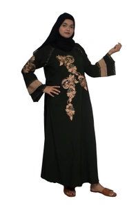 Humeira Abaya Dubai Style Embroidery Abaya Burkha in Firdous Fabric Triple Layer Long Embroidery Green - 54, Green, 300 gms