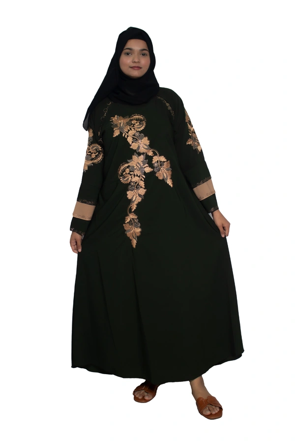 Humeira Abaya Dubai Style Embroidery Abaya Burkha in Firdous Fabric Triple Layer Long Embroidery Green - 54, Green, 300 gms