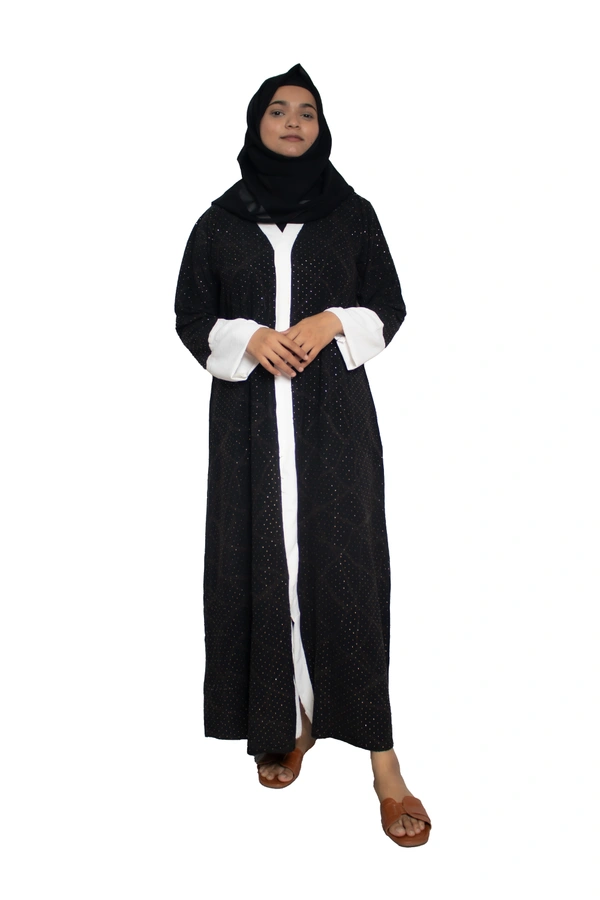 Humeira Abaya Dubai Style Embroidery Abaya Burkha in Premium Crush Fabric Front Open Crush Black to White - 54, Black, 300 gms