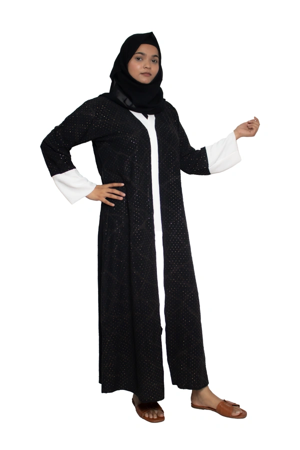 Humeira Abaya Dubai Style Embroidery Abaya Burkha in Premium Crush Fabric Front Open Crush Black to White - 54, Black, 300 gms