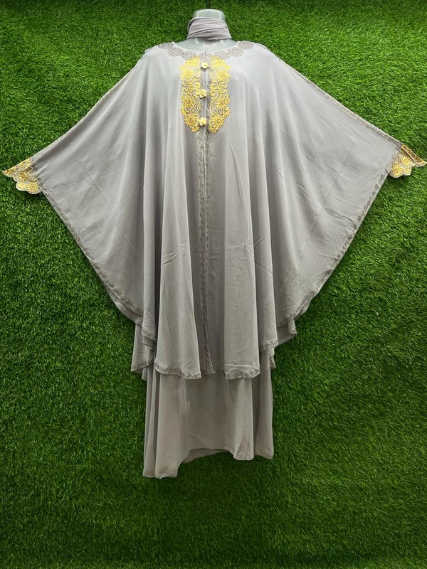 Humeira Abaya Dubai Style Embroidery Abaya Farasha in Diamond Geogette Yellow Fabric Neck Emb Gold - XL, Yellow, 300gm