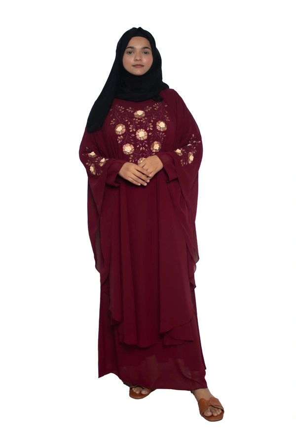 Humeira Abaya Dubai Style Embroidery Abaya Farasha in Al Nida Fabric Simple Embroidery Farasha Flower Maroon - 54, Maroon, 300 gms