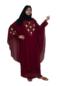 Humeira Abaya Dubai Style Embroidery Abaya Farasha in Al Nida Fabric Simple Embroidery Farasha Flower Maroon - 54, Maroon, 300 gms