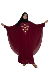 Humeira Abaya Dubai Style Embroidery Abaya Farasha in Al Nida Fabric Simple Embroidery Farasha Flower Maroon - 54, Maroon, 300 gms