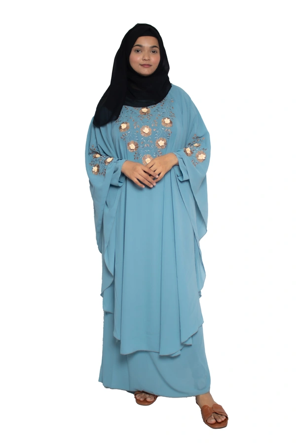 Humeira Abaya Dubai Style Embroidery Abaya Farasha in Diamond Geogette Fabric Simple Embroidery Farasha Flower SkyBlue - 54, Skyblue, 300 gms