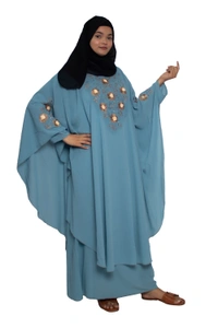 Humeira Abaya Dubai Style Embroidery Abaya Farasha in Diamond Geogette Fabric Simple Embroidery Farasha Flower SkyBlue - 54, Skyblue, 300 gms