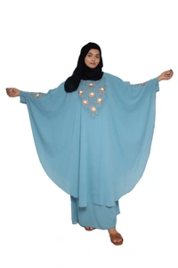 Humeira Abaya Dubai Style Embroidery Abaya Farasha in Diamond Geogette Fabric Simple Embroidery Farasha Flower SkyBlue - 54, Skyblue, 300 gms