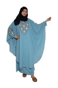 Humeira Abaya Dubai Style Embroidery Abaya Farasha in Diamond Geogette Fabric Simple Embroidery Farasha Flower SkyBlue - 54, Skyblue, 300 gms