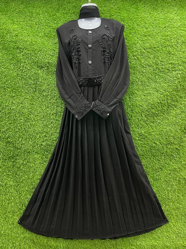 Humeira Abaya Dubai Style Hand Work Burkha in Firdous Black Fabric Koty Handwork with Belt - XL, Black, 300gm