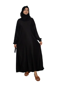 Humeira Abaya Dubai Style Simple Abaya Burkha in Al Nida Fabric Belt Black - 54, Black, 300 gms