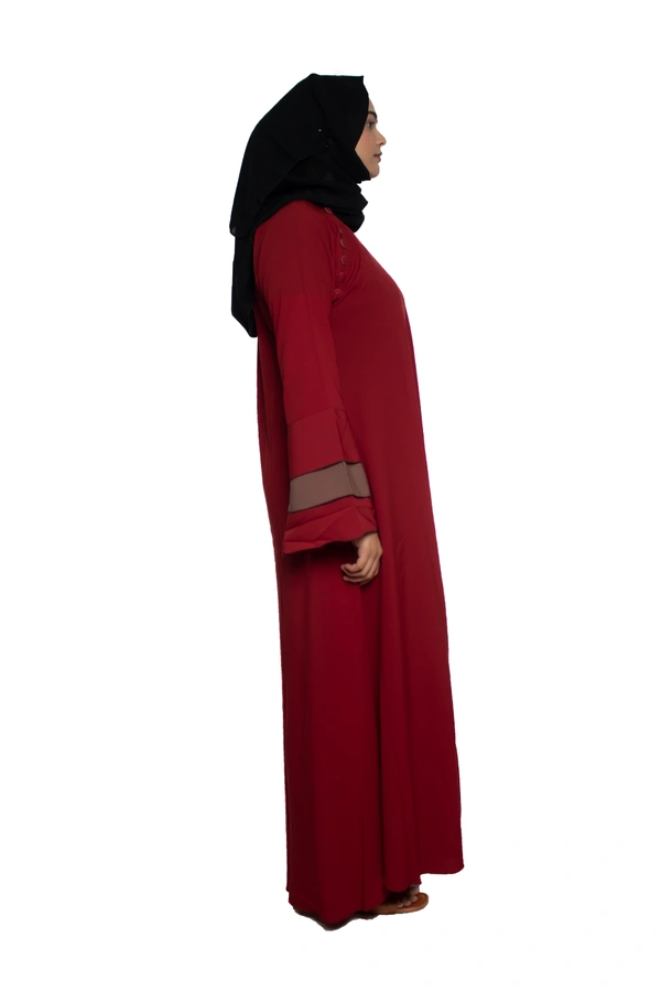 Humeira Abaya Dubai Style Simple Abaya Burkha in Firdous Fabric 6 BTN Red 3 Layer Sleeves - 54, Red, 300 gms