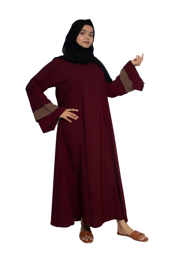 Humeira Abaya Dubai Style Simple Abaya Burkha in Firdous Fabric 6 BTN Maroon 3 Layer - 54, Maroon, 300 gms