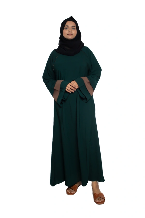 Humeira Abaya Dubai Style Simple Abaya Burkha in Firdous Fabric 6 BTN Rama Green 3 Layer Sleeves - 54, Rama Green, 300 gms