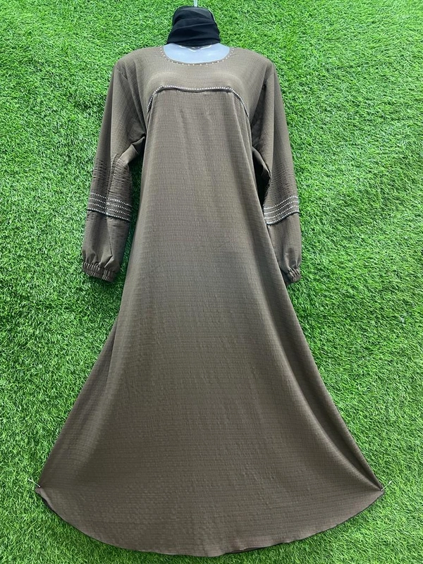 Humeira Abaya Dubai Style Simple Abaya Burkha in Premium Crush Brown Fabric Stone Strip Sleeves Simple Brown - XL, Brown, 300gm