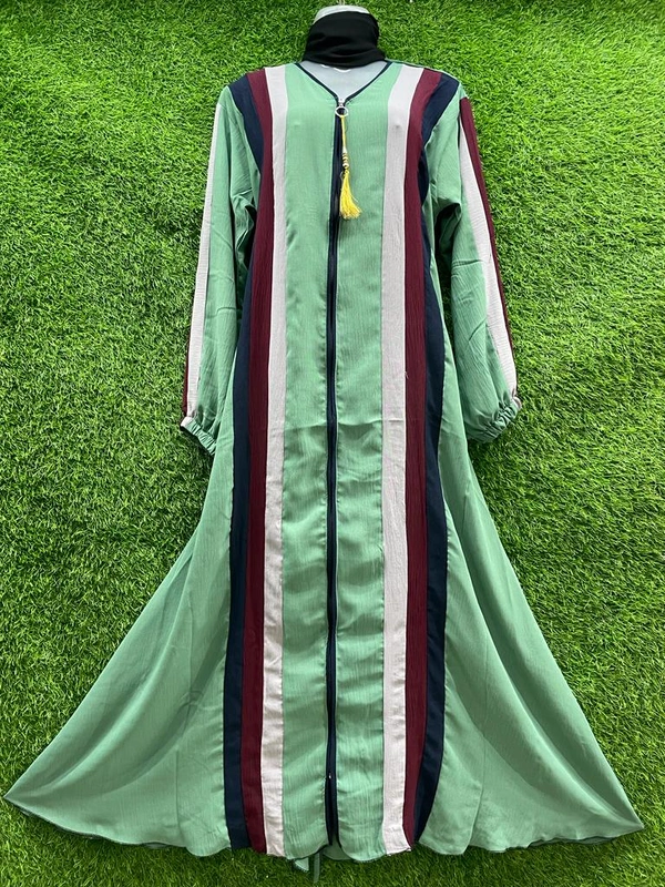 Humeira Abaya Dubai Style Simple Abaya Burkha in Premium Crush Light Green Fabric Triple Colour Strip F.O Crush - XL, Light Green, 300gm