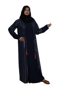 Humeira Abaya Dubai Style Simple Abaya Burkha in Premium Crush Fabric Blue Coat Type Cy Crush White Line Abaya - 54, Blue, 300 gms