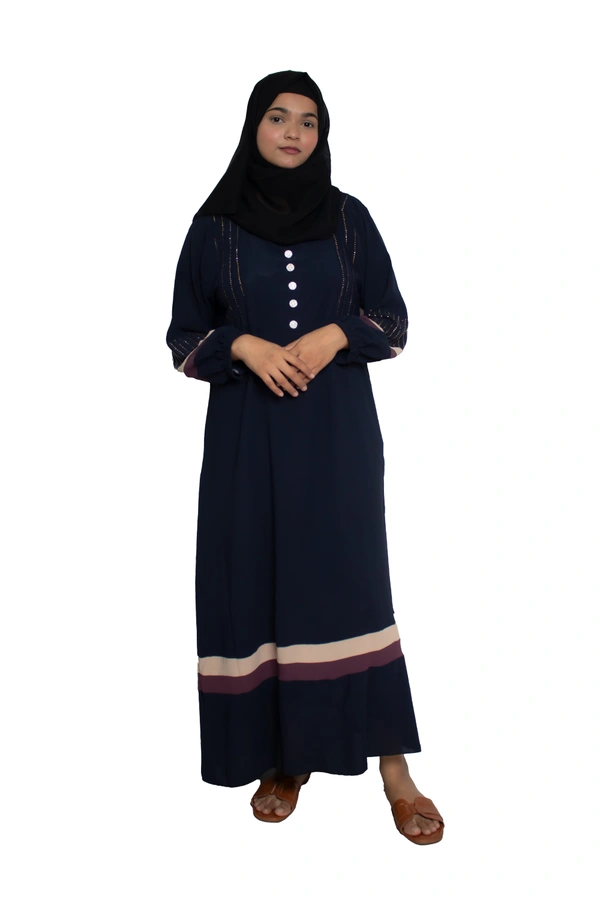 Humeira Abaya Dubai Style Simple Abaya Burkha in Premium Crush Fabric Crush Blue Button Bottom Color Strip Abaya Lastik Sleeves - 54, Blue, 300 gms