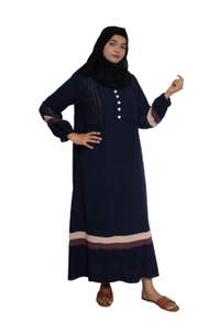 Humeira Abaya Dubai Style Simple Abaya Burkha in Premium Crush Fabric Crush Blue Button Bottom Color Strip Abaya Lastik Sleeves - 54, Blue, 300 gms