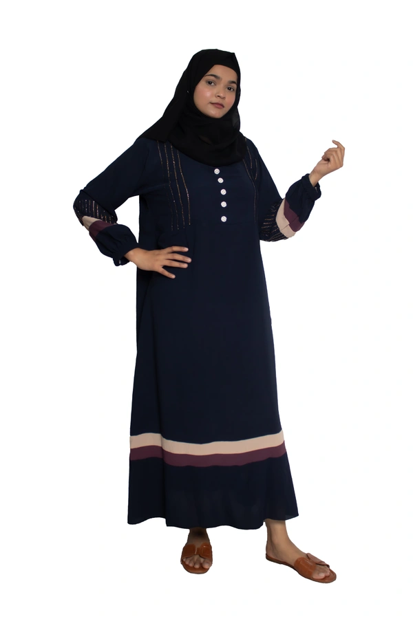 Humeira Abaya Dubai Style Simple Abaya Burkha in Premium Crush Fabric Crush Blue Button Bottom Color Strip Abaya Lastik Sleeves - 54, Blue, 300 gms