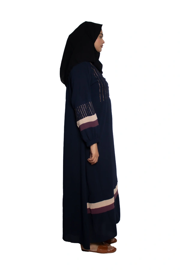 Humeira Abaya Dubai Style Simple Abaya Burkha in Premium Crush Fabric Crush Blue Button Bottom Color Strip Abaya Lastik Sleeves - 54, Blue, 300 gms