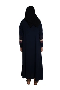 Humeira Abaya Dubai Style Simple Abaya Burkha in Premium Crush Fabric Crush Blue Button Bottom Color Strip Abaya Lastik Sleeves - 54, Blue, 300 gms