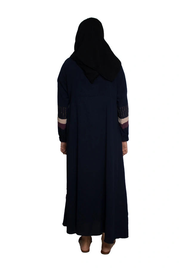 Humeira Abaya Dubai Style Simple Abaya Burkha in Premium Crush Fabric Crush Blue Button Bottom Color Strip Abaya Lastik Sleeves - 54, Blue, 300 gms