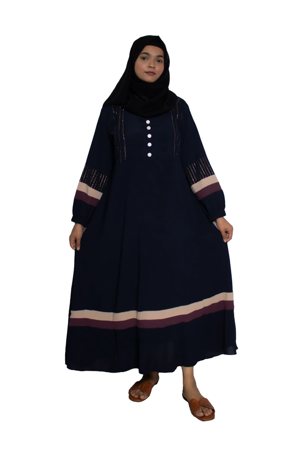 Humeira Abaya Dubai Style Simple Abaya Burkha in Premium Crush Fabric Crush Blue Button Bottom Color Strip Abaya Lastik Sleeves - 54, Blue, 300 gms
