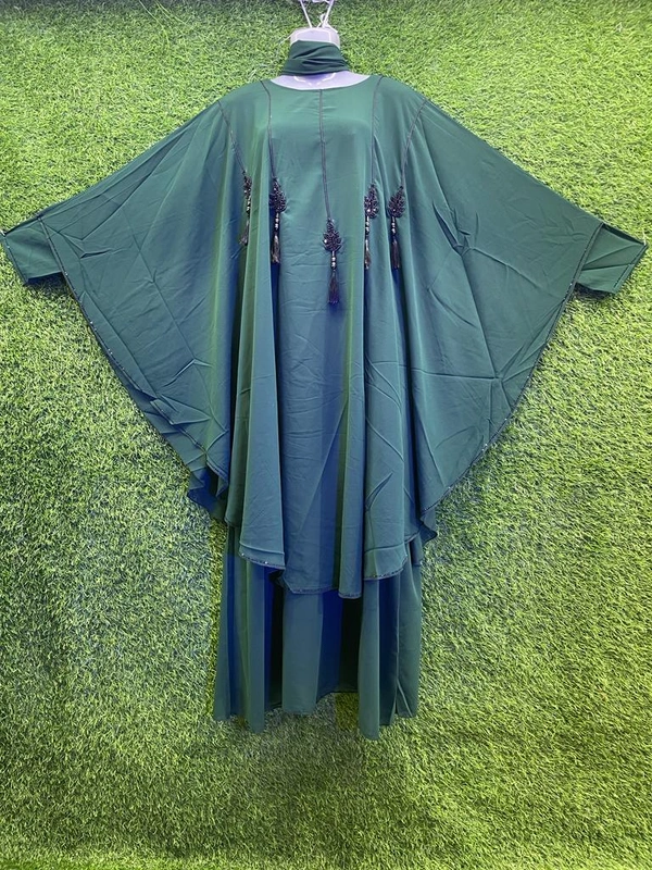 Humeira Abaya Dubai Style Simple Abaya Farasha in Diamond Geogette Green Fabric Simple Black latkan Farasha - XL, Green, 300gm