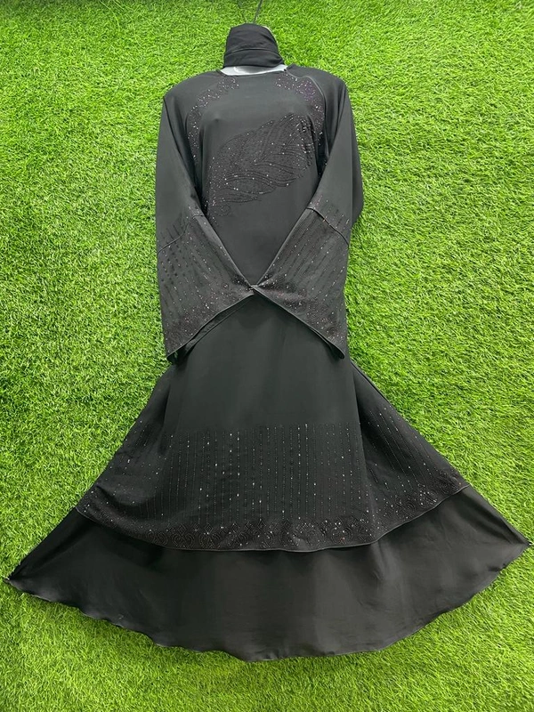 Humeira Abaya Dubai Style Stone Work Abaya Burkha in Al Nida Black Fabric Mor Style Front Stone Work - XL, Black, 300gm