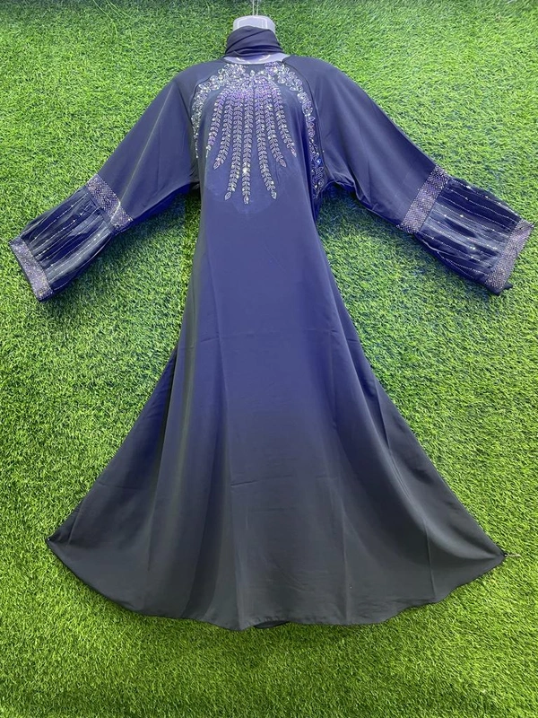 Humeira Abaya Dubai Style Stone Work Abaya Burkha in Firdous Blue Fabric Frill Sleeves & Stone Work BL - XL, Blue, 300gm