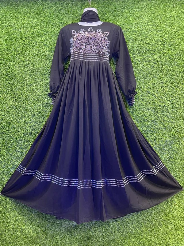 Humeira Abaya Dubai Style Stone Work Abaya Burkha in Diamond Geogette Black Fabric Koty Frill White Stone - XL, Black, 300gm