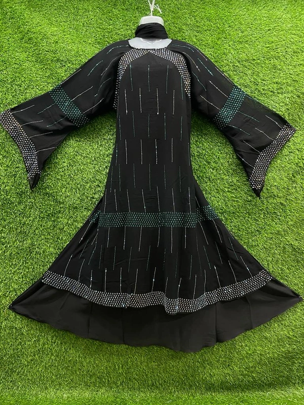 Humeira Abaya Dubai Style Stone Work Abaya Burkha in Al Nida Black Fabric Front Multi Colour Stone Line Black - XL, Black, 300gm