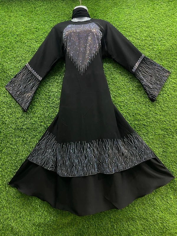 Humeira Abaya Dubai Style Stone Work Abaya Burkha in Al Nida Black Fabric Heavy Neck V Stype Stone W - XL, Black, 300gm